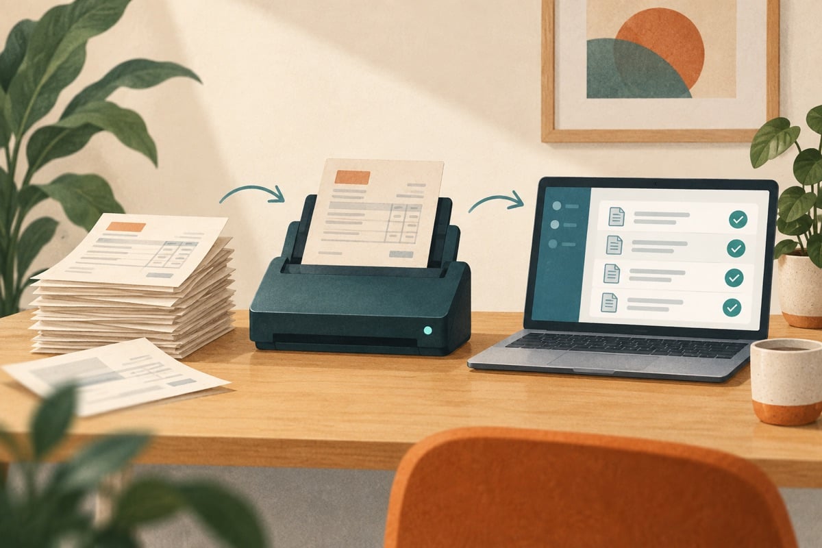 Illustration of invoices ending up in a digital administration via a scanner.