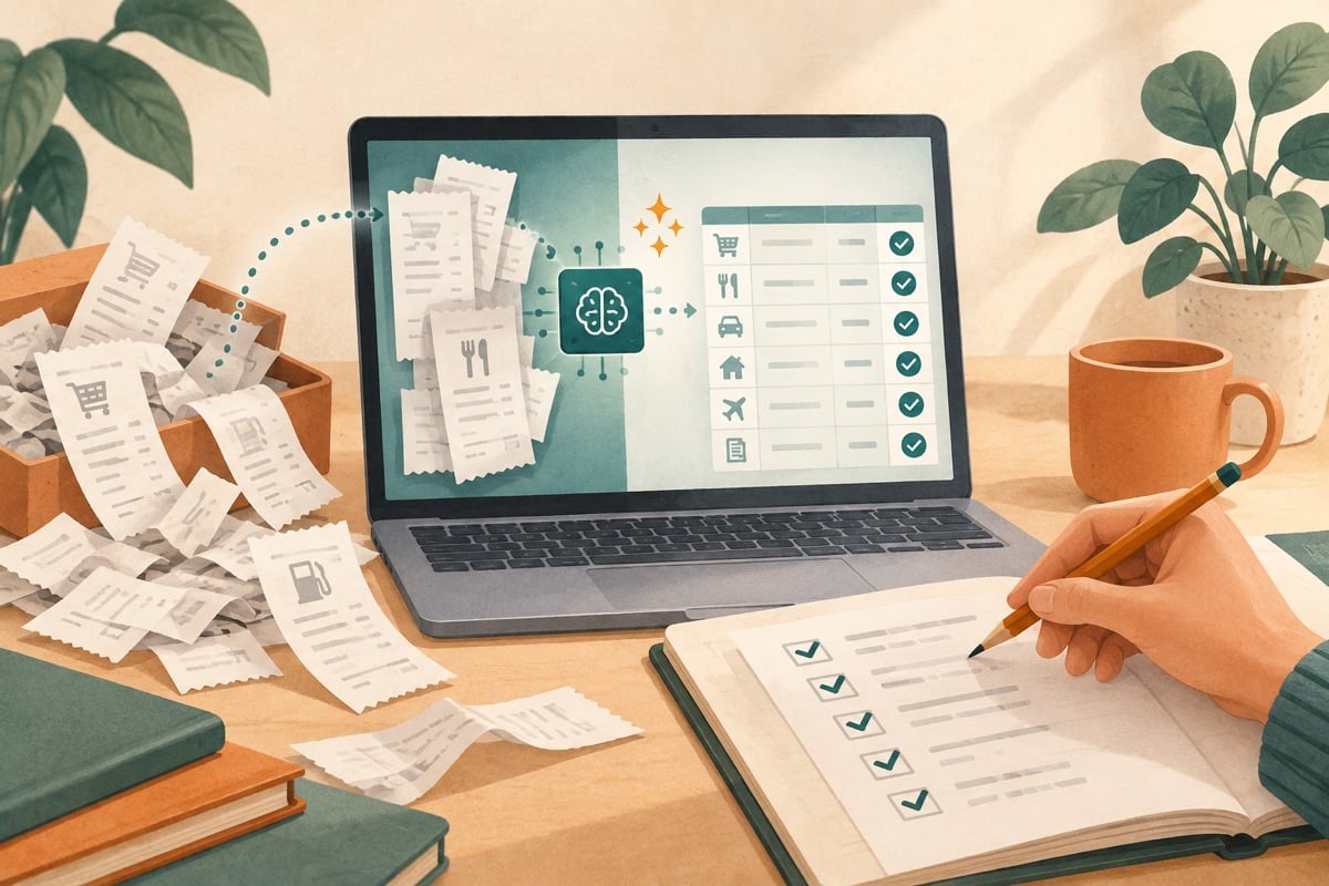 Illustration of AI sorting receipts while a person checks the bookings.