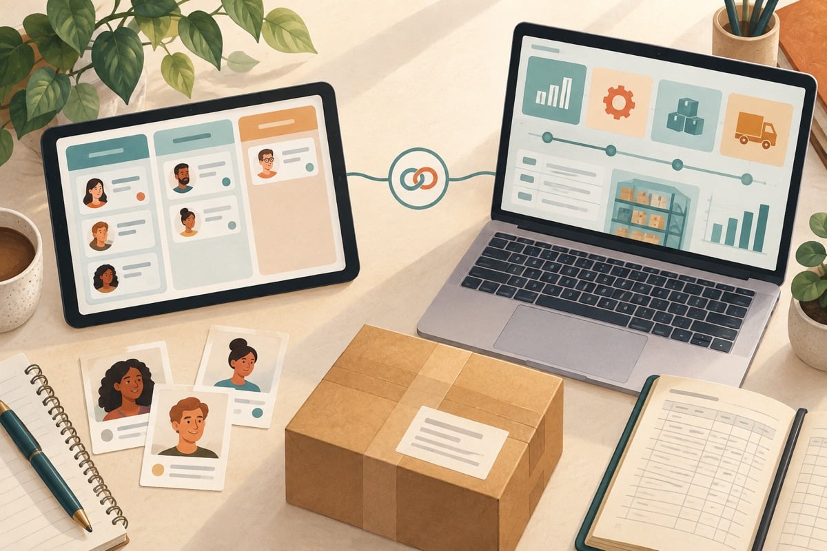 Illustration of customer cards in a CRM next to business processes in an ERP system.