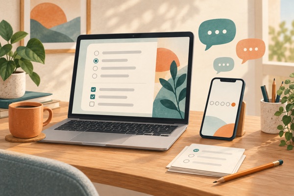 Illustration of a laptop showing a questionnaire with radio buttons, a phone with a rating scale and speech bubbles.