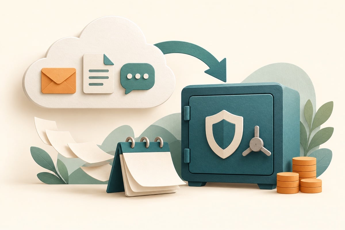 Illustration of a cloud with mail and document icons, an arrow to a safe with a shield and a calendar showing how far back you can go.