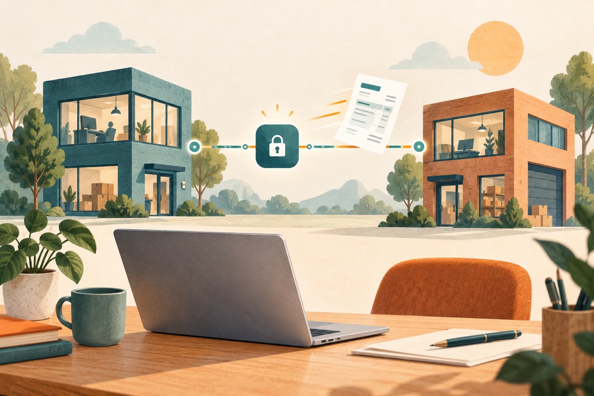 Illustration of an electronic invoice being sent between companies over a secure connection.