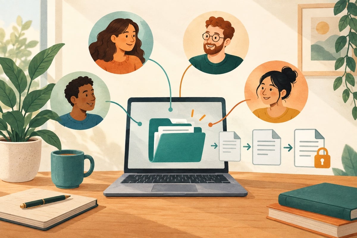 Illustration of shared documents with version control and access rights.
