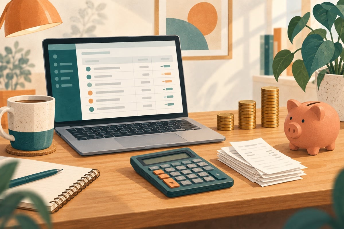 Illustration of a laptop with a ledger, a calculator, receipts and three rising stacks of coins.