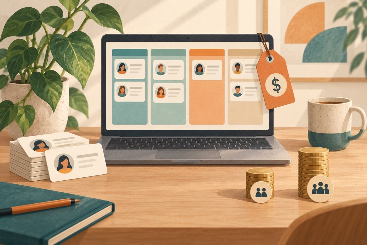 Illustration of a laptop with a sales pipeline, contact cards and two stacks of coins of different heights.
