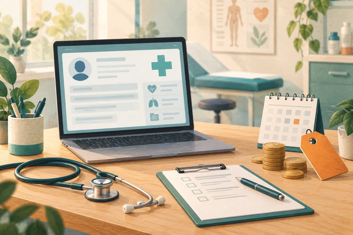 Illustration of a desk in a treatment room with a laptop showing a patient record, a stethoscope, a clipboard and coins.