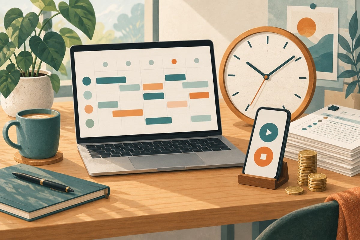 Illustration of a laptop with a weekly schedule, a large clock, a phone with a start button and timesheets.