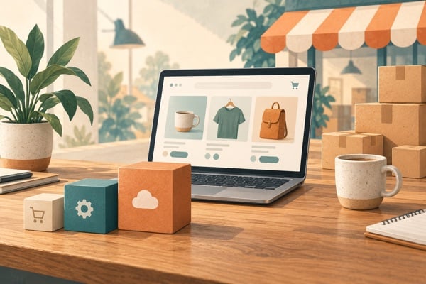 Illustration of a shopfront and a laptop with a webshop, with shipping boxes in the foreground.