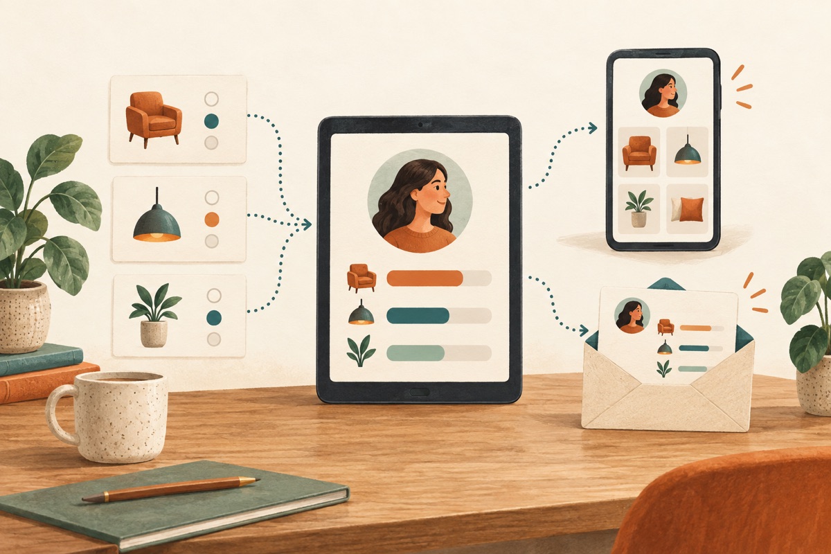 Illustration of a customer profile that adapts the products in a webshop and an email.