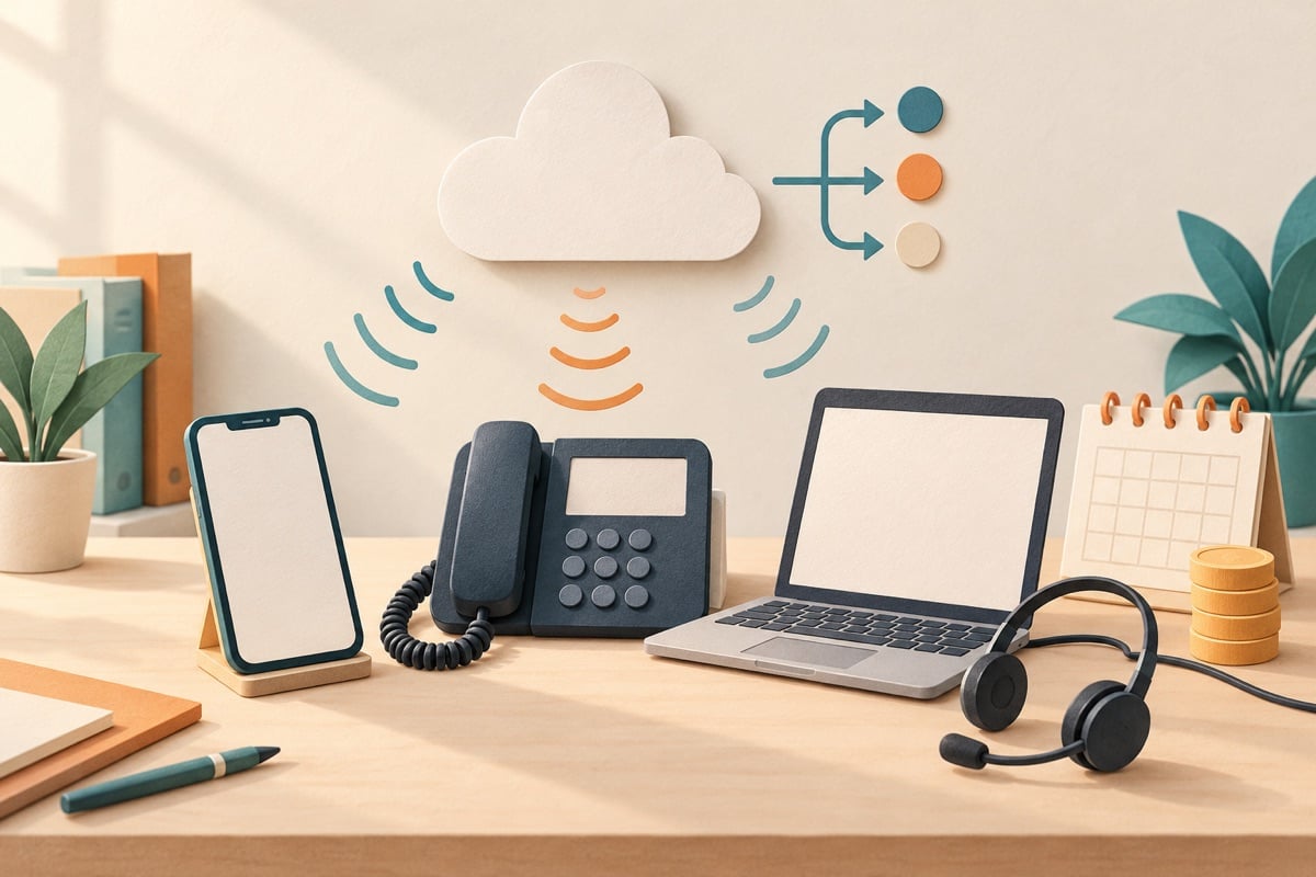 Illustration of a desk with a smartphone, a desk phone and a headset next to a laptop, connected to a cloud, with a small stack of coins and a calendar for the monthly costs.
