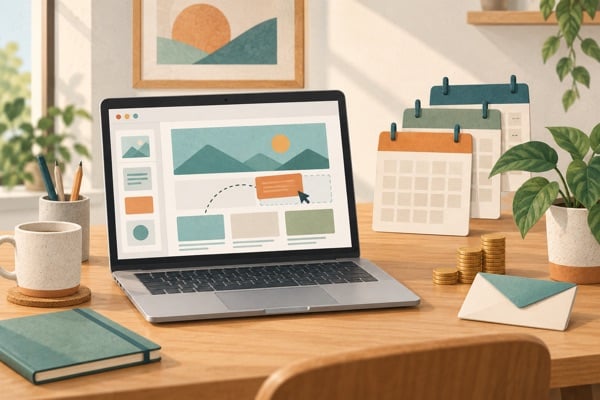 Illustration of a laptop showing a website layout in blocks, a calendar with three yearly sheets, an envelope and a small stack of coins.